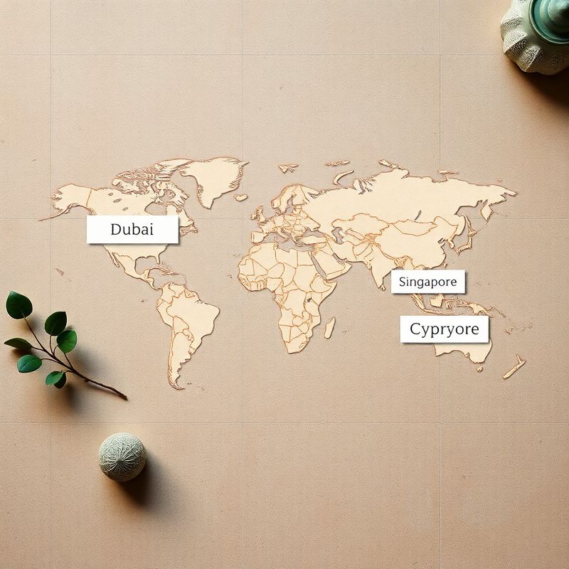 Editoriálna mapa svetových finančných centier — Dubaj, Hongkong, Singapur, Cyprus — v kameňovo-mätovej palete